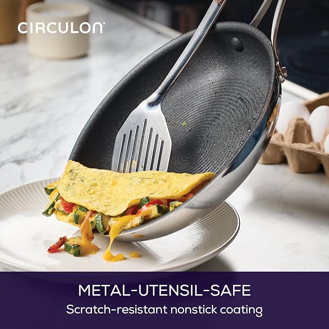 Circulon C1 Series Clad Stainless Steel with ScratchDefense Technology Cookware Nonstick Induction Frying Pans/Skillets with Lids, Metal Utensil Safe, 6 Piece Set - Polished Stainless Steel
