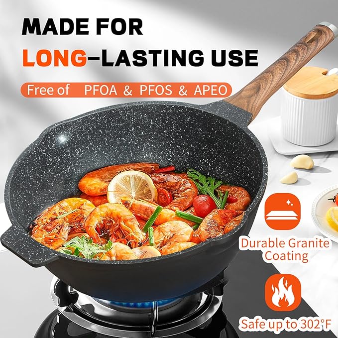 HIARUO Deep Nonstick Frying Pan with Lid, 12 inch Non Stick Skillet Large Sauté Pan Granite Sauce Cookware Cooking Chef Wok Pan with Helper Handle Silicone Spatula, 5.5 QT Induction Compatible, Black