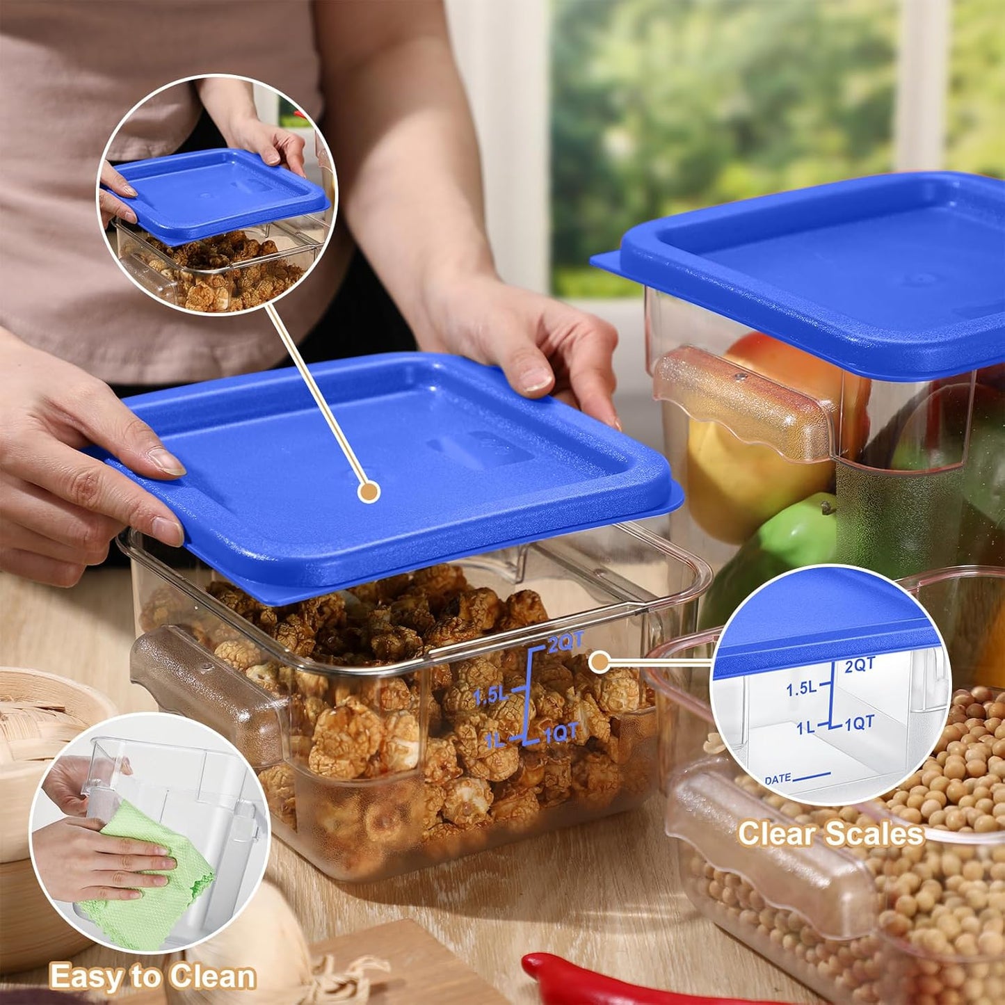 Barydat 4 Pcs Food Storage Container with Lids 2Qt and 4Qt Square Commercial Containers with Scales and Handles Polycarbonate Clear Food Storage for Kitchen Proof Dough Marinating Meat(Blue)
