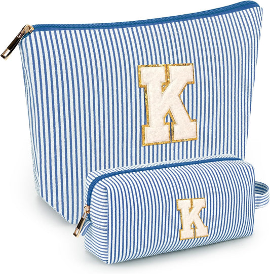 2 PCS Initial Makeup Bags for Women: Cosmetic Bag for Travel Toiletry - Birthday Gifts for 11 12 13 14 15 16 17 18 Years Old Girl Graduation Teacher Gift- Teen Girl Gifts Trendy Stuff - Blue K
