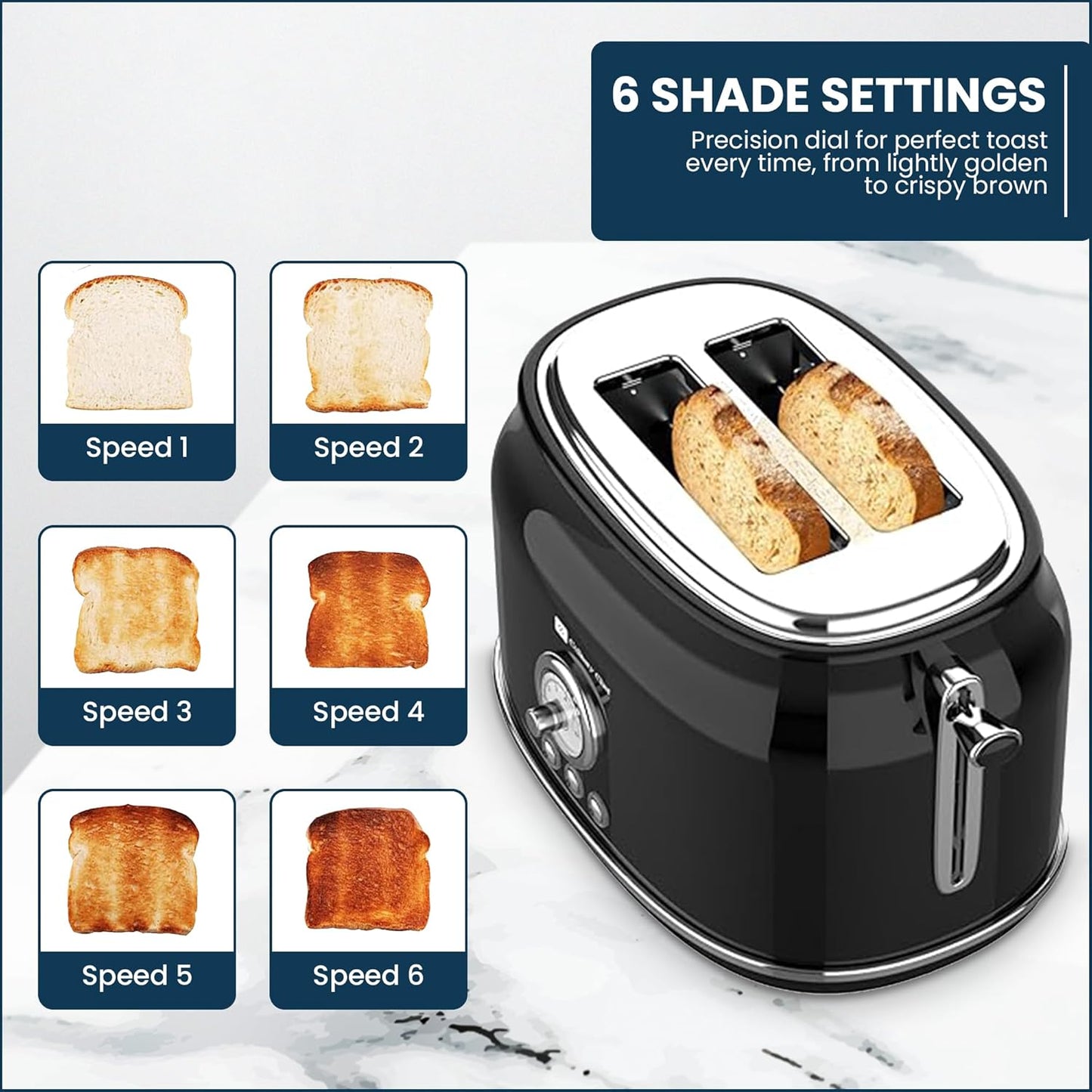CULINARY CHEF, 2 Slice Toaster, Retro Style, Wide Slot for Bread, English Muffins, Croissants, and Bagels, 6 Adjustable Toast Settings, Cancel and Defrost, 900w, Black