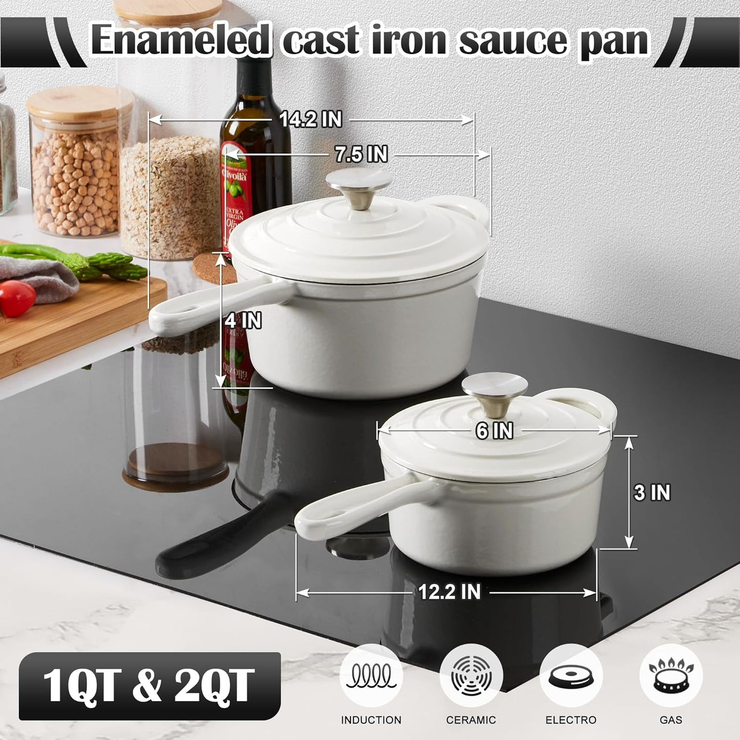 E-far Sauce Pan Set with Lid, 1Qt & 2Qt Enameled Cast Iron Pot Sets for Kitchen Cooking, Small Heavy Duty Dutch Oven Saucepans & Self-basting Lids, Induction-Ready & Easy Clean, White