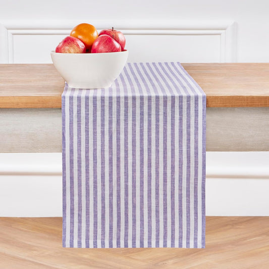 Solino Home Striped Linen Table Runner 36 Inches - Amalfi Stripe, 100% Pure Linen Violet and White Small Table Runner 14 x 36 Inch Ideal for Dresser and Coffee Tables