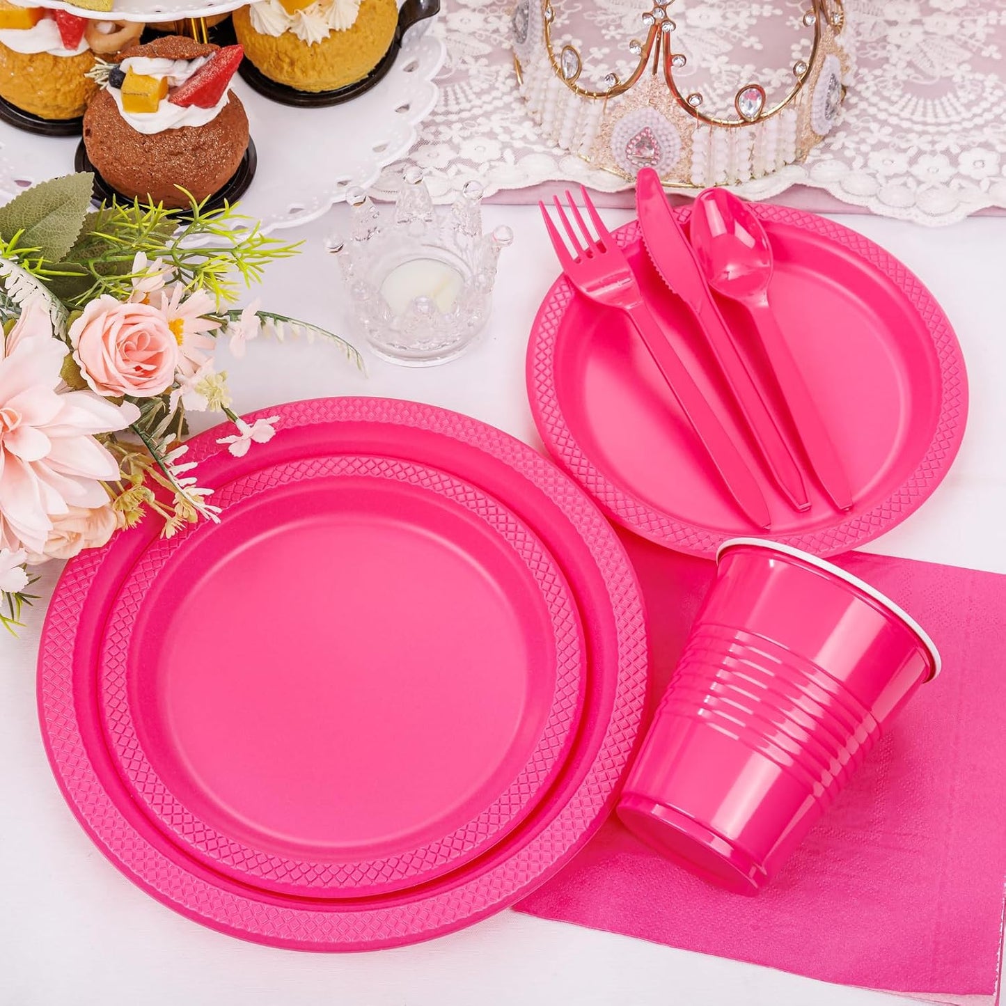 WELLIFE 210Pcs Hot Pink Plastic Plates, Disposable Dinnerware Set, Party Supplies Including Hot Pink plates, 12oz Cups, plastic Cutlery and Napkins Serve 30 Guests, Plastic Plates for Party