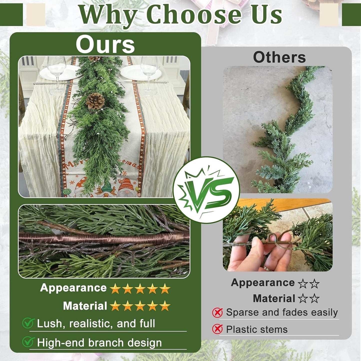 Artgar 6 Ft Christmas Cedar Garland - Realistic Greenery Cypress Garland with Pinecone - Artificial Real Touch Pine Garlands for Outdoor Home Dining Table Mantel Stair Porch Winter Xmas Decor