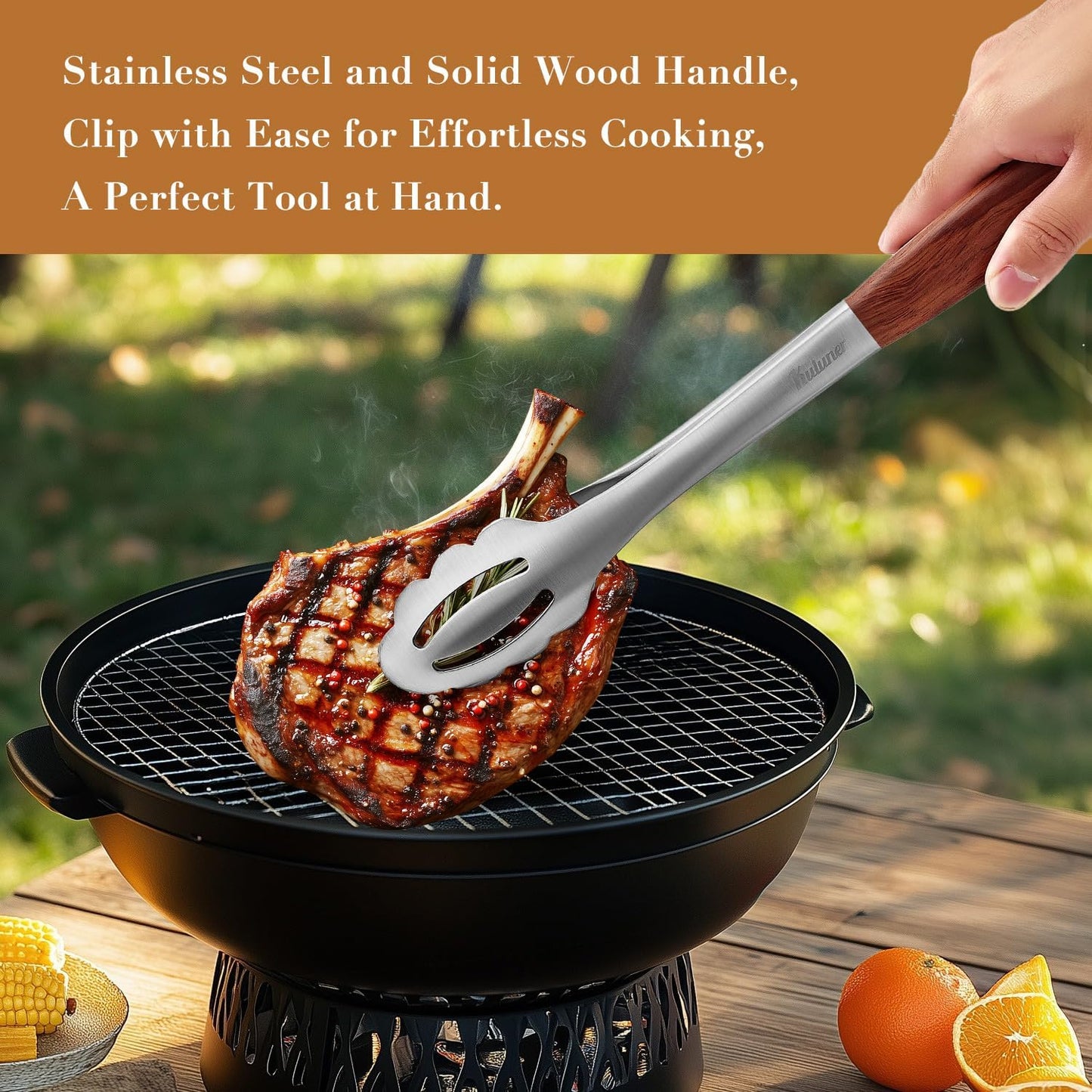 KULUNER Stainless Steel Barbecue Tongs with Solid Wood Handle, Kitchen Metal Locking Design, Extra Long 17.5 Inches 700 Degrees, Suitable for Food Cooking, Salad and Outdoor Grilling(Rosewood)