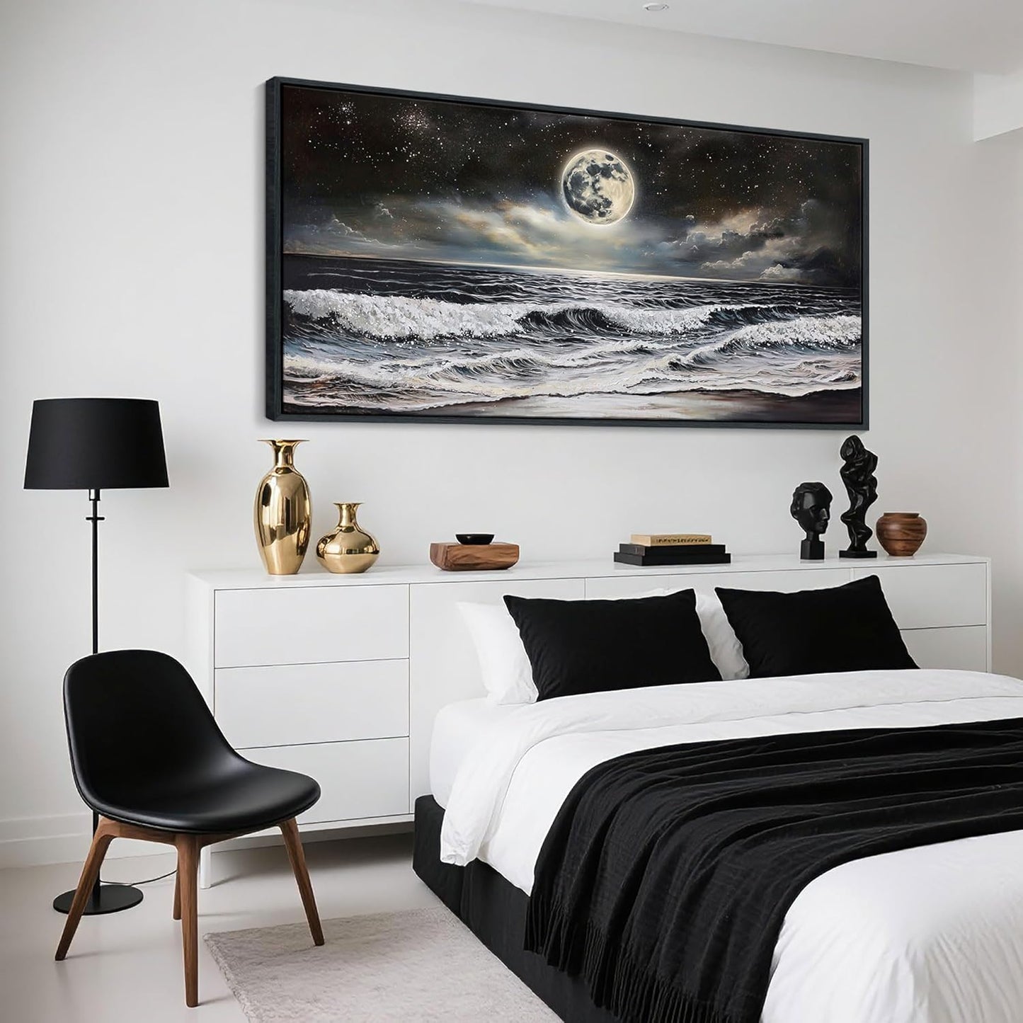 QZQCBLC Large Wall Art Bedroom, Black and White Sea Beach Canvas Wall Pictures, Waves Moon Starry Clouds Coast Paintings Artwork for Living room Home Office Artwork Framed Decor 29x58 IN