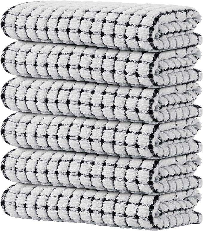 Kitinjoy Cotton 6 Pack Terry Kitchen Towels, 16 x 25 Inches Super Soft and Absorbent Dish Towels, Quick Drying Hand Towels for Kitchen Drying, Black