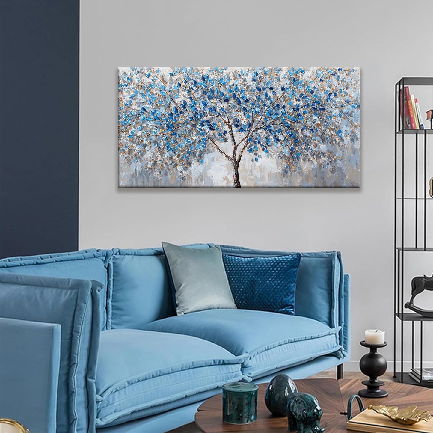 Canvas Wall Art Prints Decor Blue White Tree Leaves Wall Art For Living Room Ready To Hang Canvas Prints Wall Decor For Kitchen Bedroom Office 24x48 Inch