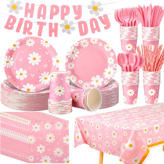 Sawysine 202 Pcs Daisy Happy Birthday Party Supplies Disposable Dinnerware Set 50 Plates 25 Cups 25 Napkins 25 Plastic Forks 25 Knives 25 Spoons 25 Straw Flag Tablecloth to Serve 25 Guests