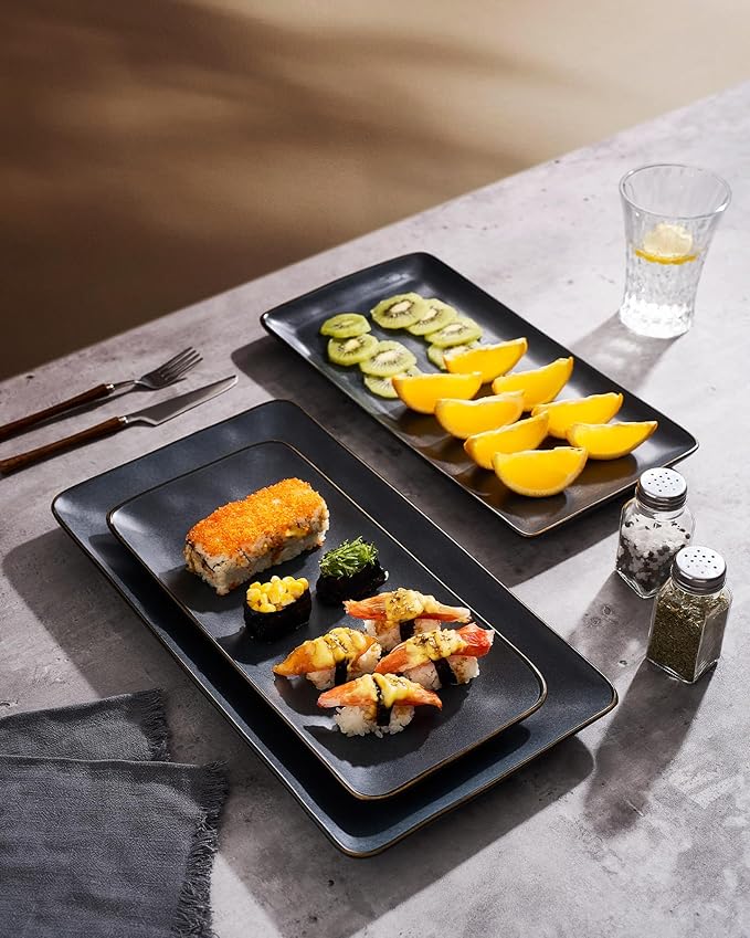 famiware Serving Platter, Rectangular 15.67/14.1/12.6inch Serving Dishes for Entertaining, Dishwasher Safe, Stoneware Serving Trays for Party, Food, Turkey, Snack, Cheese, Reactive Glaze, Matte Black