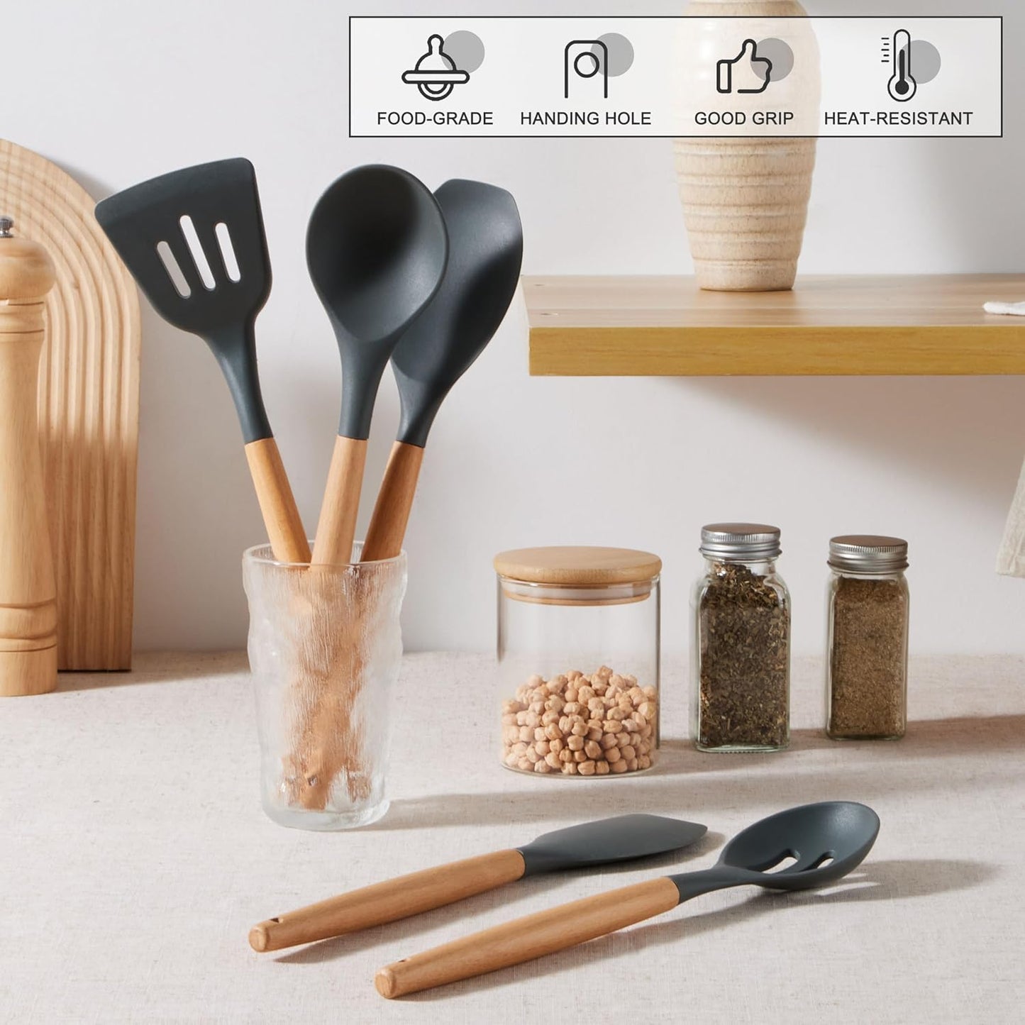 E-far Gray Silicone Cooking Utensils Set, 10-Piece Kitchen Utensils Set with Wooden Handle for Nonstick Cookware, Heat Resistant Kitchen Nonstick Tools Spatula Whisk Tongs Ladle, Non-toxic & Healthy