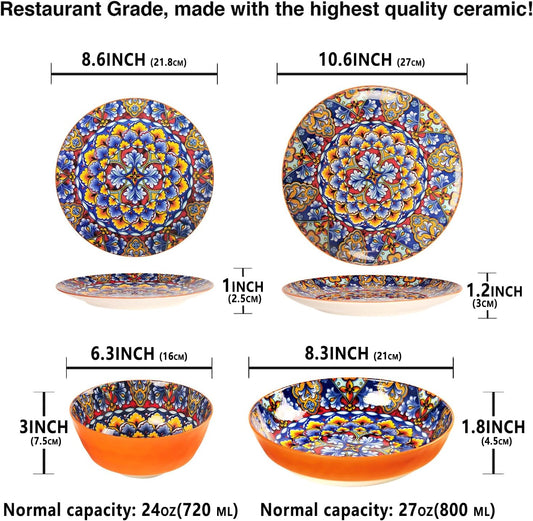 Mandala Dinnerware Sets, Plates and Bowls Set, Porcelain Dishes (16 Pieces) Service for 4, Zanzibar, Bohemian Style Dining Ware, for Kitchen and Dining Multicolor Dinnerware Set, Orange