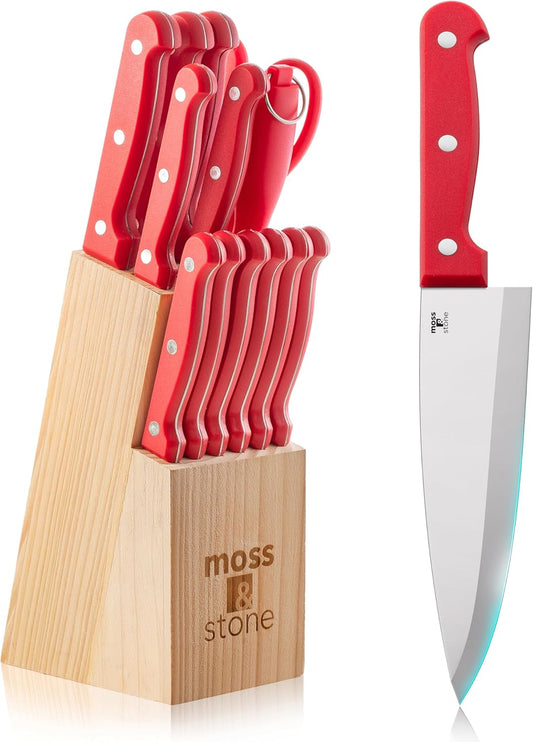 Moss & Stone 14 Pcs Knife Block Set Stainless Steel, Premium Forged Kitchen Knives Set with High-Carbon Blades, Ergonomic Handle, Sharp Blade, Rust Resistant, Modern Style for Home & Chef, Red