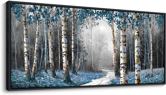 HKDGOKA Large Landscape Wall Art, Gray Blue Birch Tree Abstract Canvas Painting Picture Modern Misty Forest Artwork Framed for Living Room Bedroom Office Kitchen Home Wall Decor 71"x32"