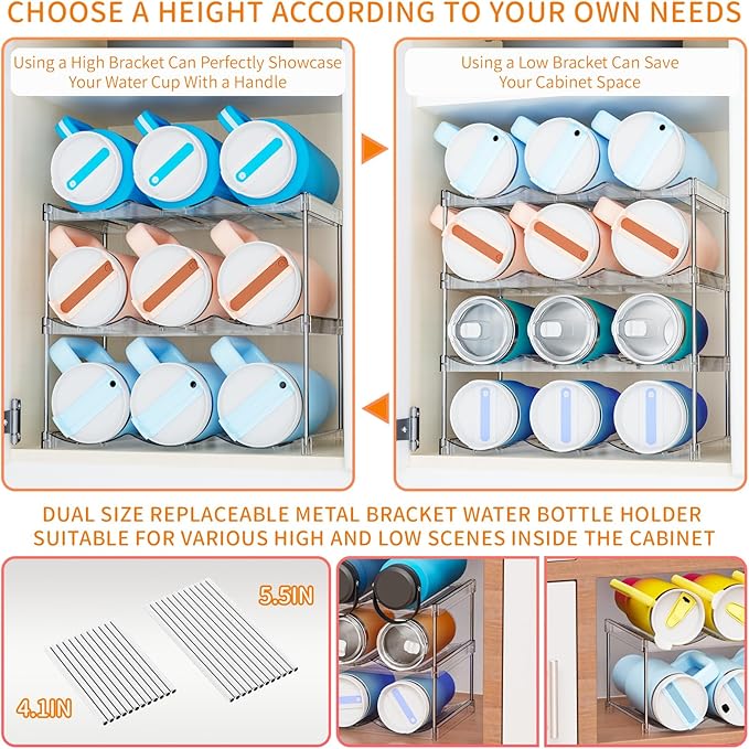 Yieach Larger Compartments Stackable Water Bottle Organizer for 40 oz Stanley Cup Holder,Yeti and Other Tumbler Organizer,3 Tier Wine Rack and Waterbottle Storage Rack for Kitchen Cabinets,Countertop