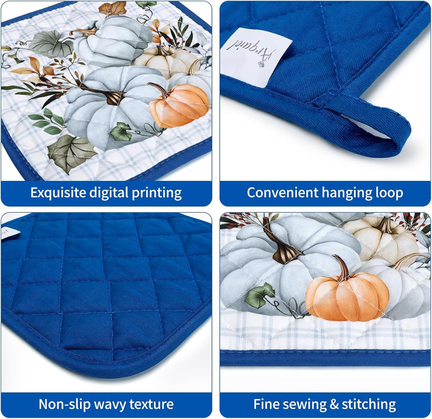 Blue Fall Pumpkin Oven Mitts and Pot Holders Sets 4Pcs, 100% Cotton Heat Resistant, Extra Long Oven Gloves Potholder for Thanksgiving Kitchen Cooking Baking Decoration