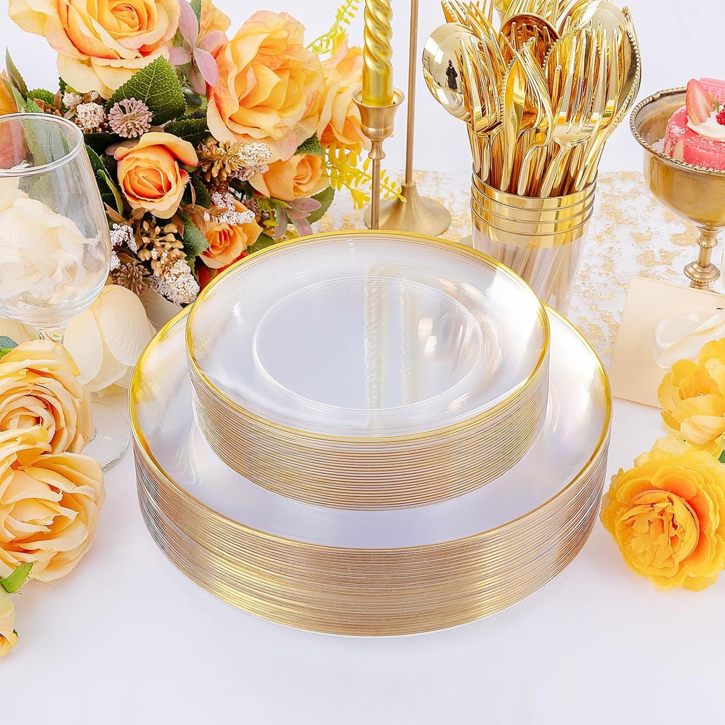 EI 180pcs Gold Plastic Plates,Clear Plates with Gold Trim,Plastic Plate for Party,Clear Dinnerware Set Silverware Cups for Baby Shower,Wedding