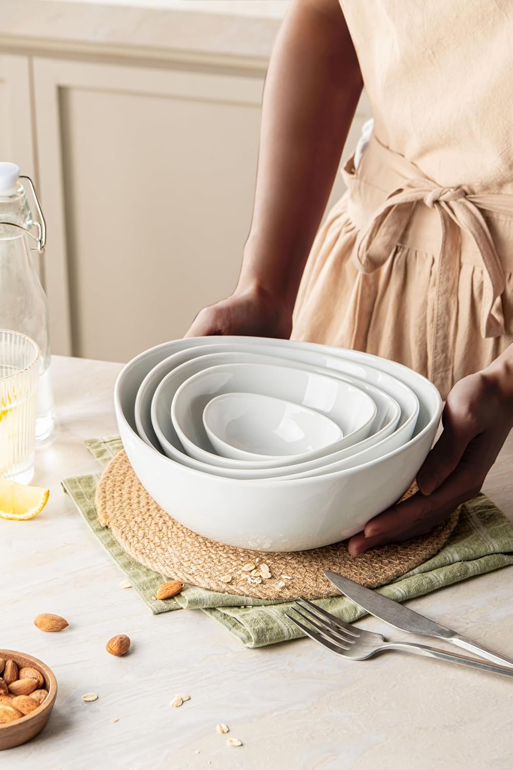 Porcelain Serving Bowls set for Entertaining, 3-11-20-32-50 Ounce, Scratch Resistant, 5 Piece Serving Bowl Set, Prep Salad Bowls for Christmas Thanksgiving, Dishwasher Safe, Pure White