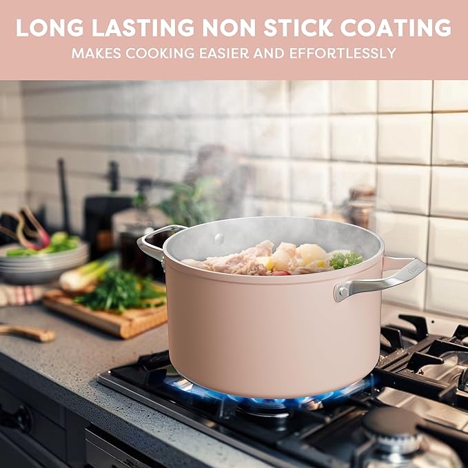 CIARRA Nonstick Dutch Oven with Lid, 6.2 QT Ceramic Dutch Oven with Dual Handles, Non Toxic, PTFE & PFOA Free, Oven Safe & Compatible with All Stovetops, Pink