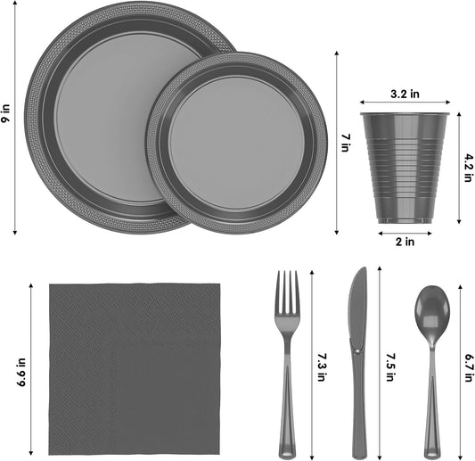 Party Solids 350 Pieces Silver Plastic Plates For Party, Silver Disposable Plates Set, 50 Of Each 9" Dinner Plate Set, 7" Dessert Plate, Cups, Napkins & Cutlery Plastic Dinnerware