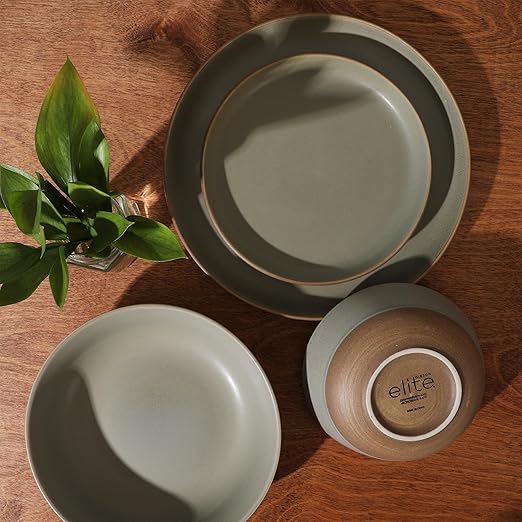 Gibson Elite Laguna Bliss 16 Piece Stoneware Reactive Glaze (Service for 4) Ceramic Plates and Bowls Dinnerware Set - Matte Green W/Terracotta Bottom