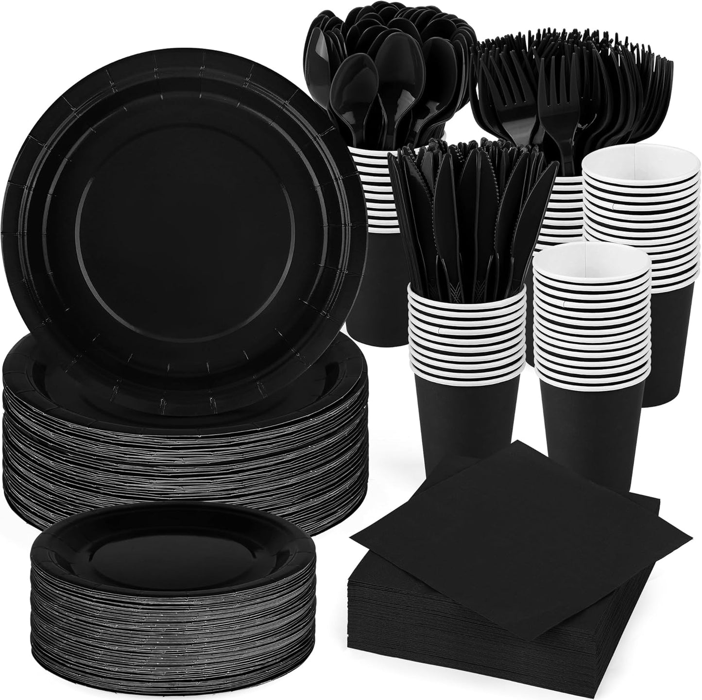durony 350 Pieces Black Paper Dinnerware Set 7 Inch 9 Inch Disposable Dinner Plates Serve 50 Guests Paper Cup Cutlery Napkins Solid Color Party Supplies for Birthday Wedding Party Family Picnic
