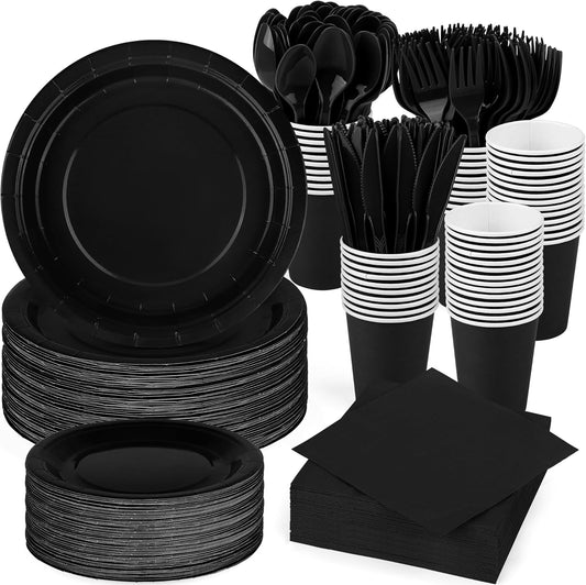 durony 350 Pieces Black Paper Dinnerware Set 7 Inch 9 Inch Disposable Dinner Plates Serve 50 Guests Paper Cup Cutlery Napkins Solid Color Party Supplies for Birthday Wedding Party Family Picnic