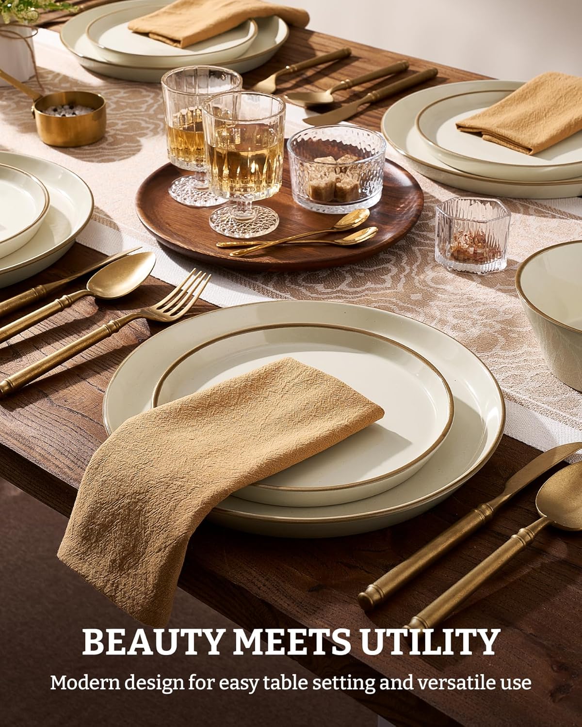 Famiware Saturn Dinnerware Sets, Plates and Bowls Sets for 4, 12 Pieces Stoneware Dish Set - Chip and Scratch Resistant, Microwave and Dishwasher Safe Tableware Set, Vanilla White with Rim