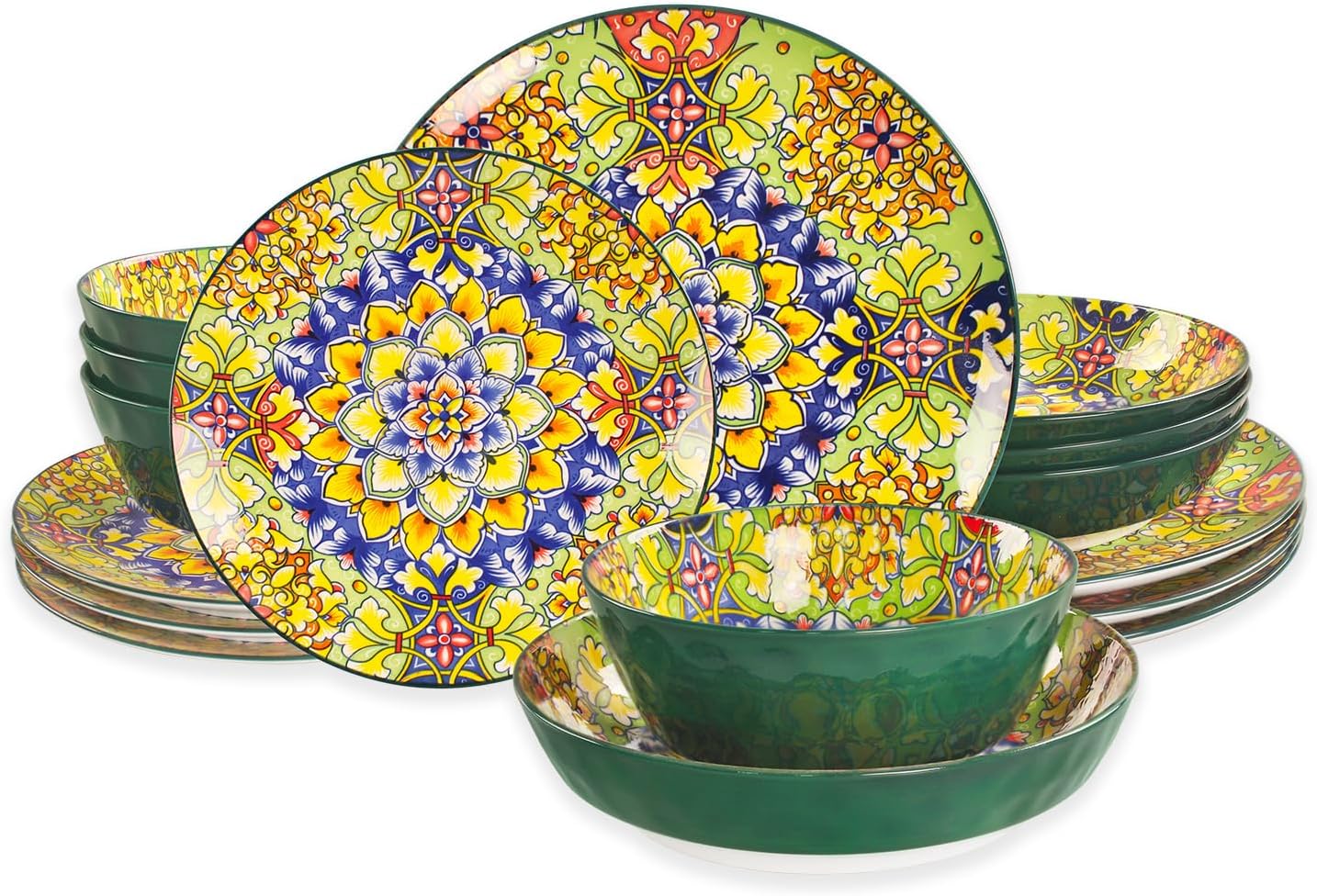 Mandala Dinnerware Sets, Plates and Bowls Set, Porcelain Dishes Service for 4, Zanzibar, Bohemian Style Dining Ware, for Kitchen and Dining Multicolor Dinnerware Set, Green 16 pieces