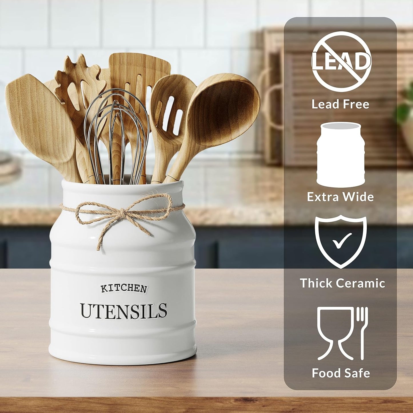 Barnyard Designs Ceramic Farmhouse Utensil Holder for Kitchen Counter, Large Rustic Utensil Crock, Countertop Cooking Tool Spatula Organizer, 6.75” (White)