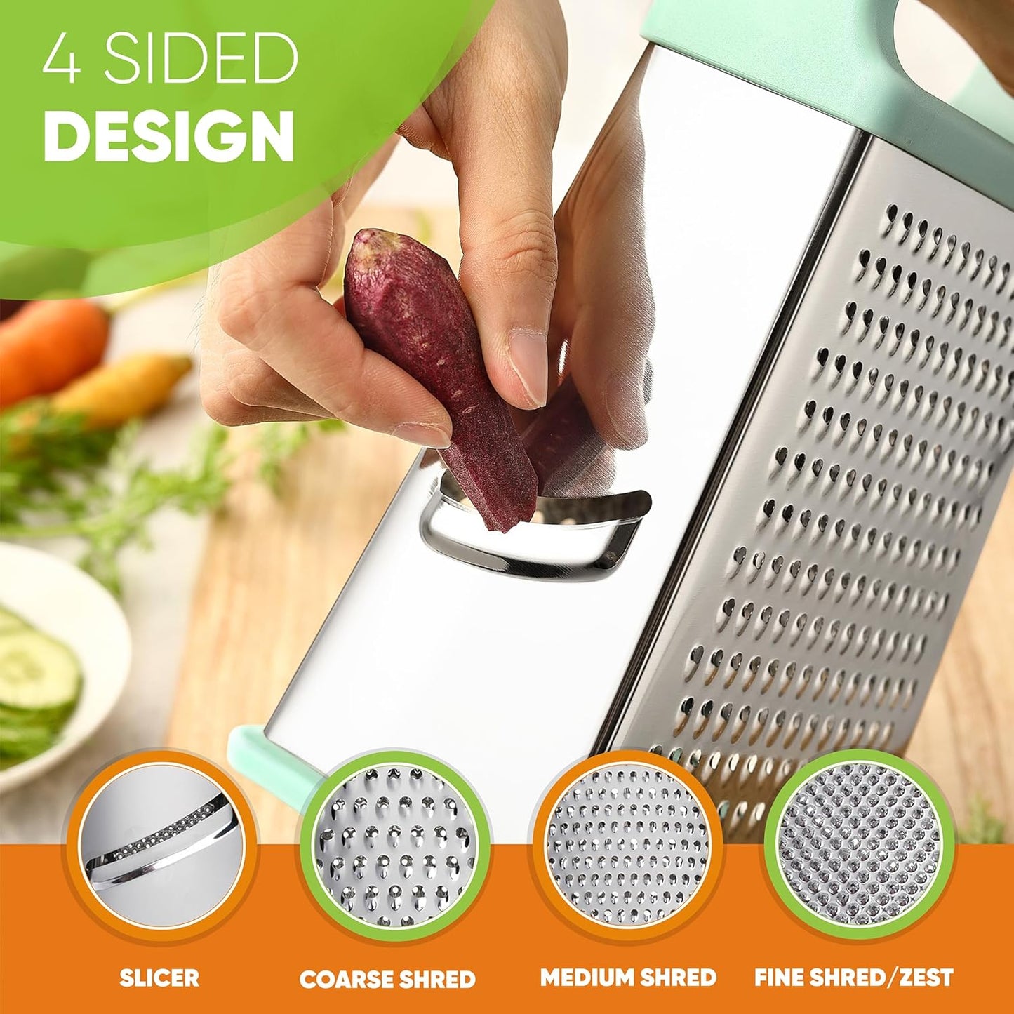 Spring Chef Professional Cheese Grater - Stainless Steel Box Grater for Kitchen, XL Size - Perfect 4 Sided Shredder for Parmesan Cheese, Vegetables, Ginger - Dishwasher Safe - Mint