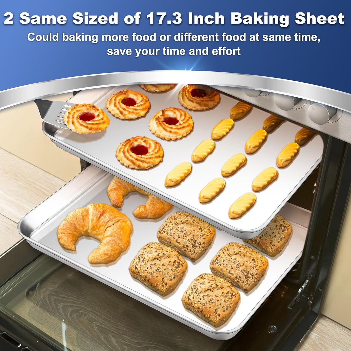 P&P CHEF 17.3 Inch Baking Cookie Sheet, Oven Pan Tray Stainless Steel Sheet Pan for Kitchen, Oven Bakeware for Multi Uses, Shiny Look & Dishwasher Safe, Healthy & Heavy Duty, 2Pcs