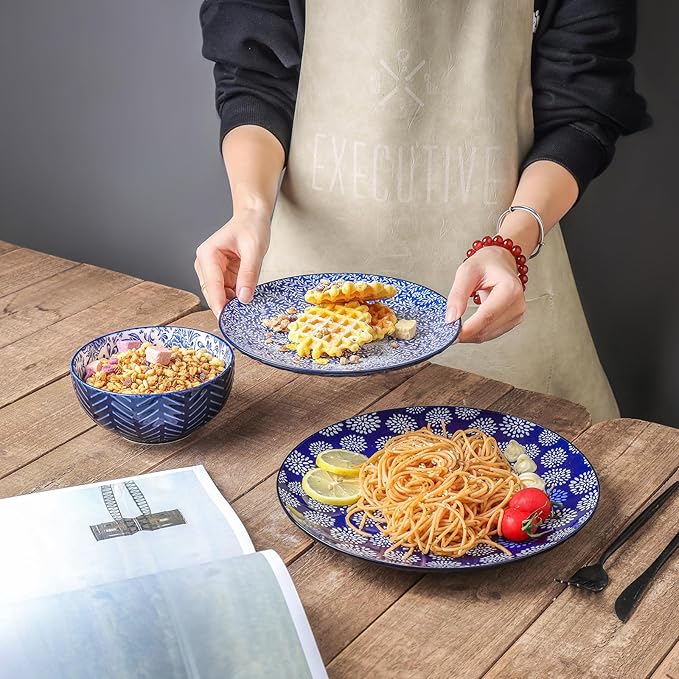 Selamica Embossed Dinnerware Sets 12 Piece, Ceramic Dishes set for 4, Kitchen Plates and Bowls Sets, Microwave & Dishwasher Safe, Housewarming, Dark Blue