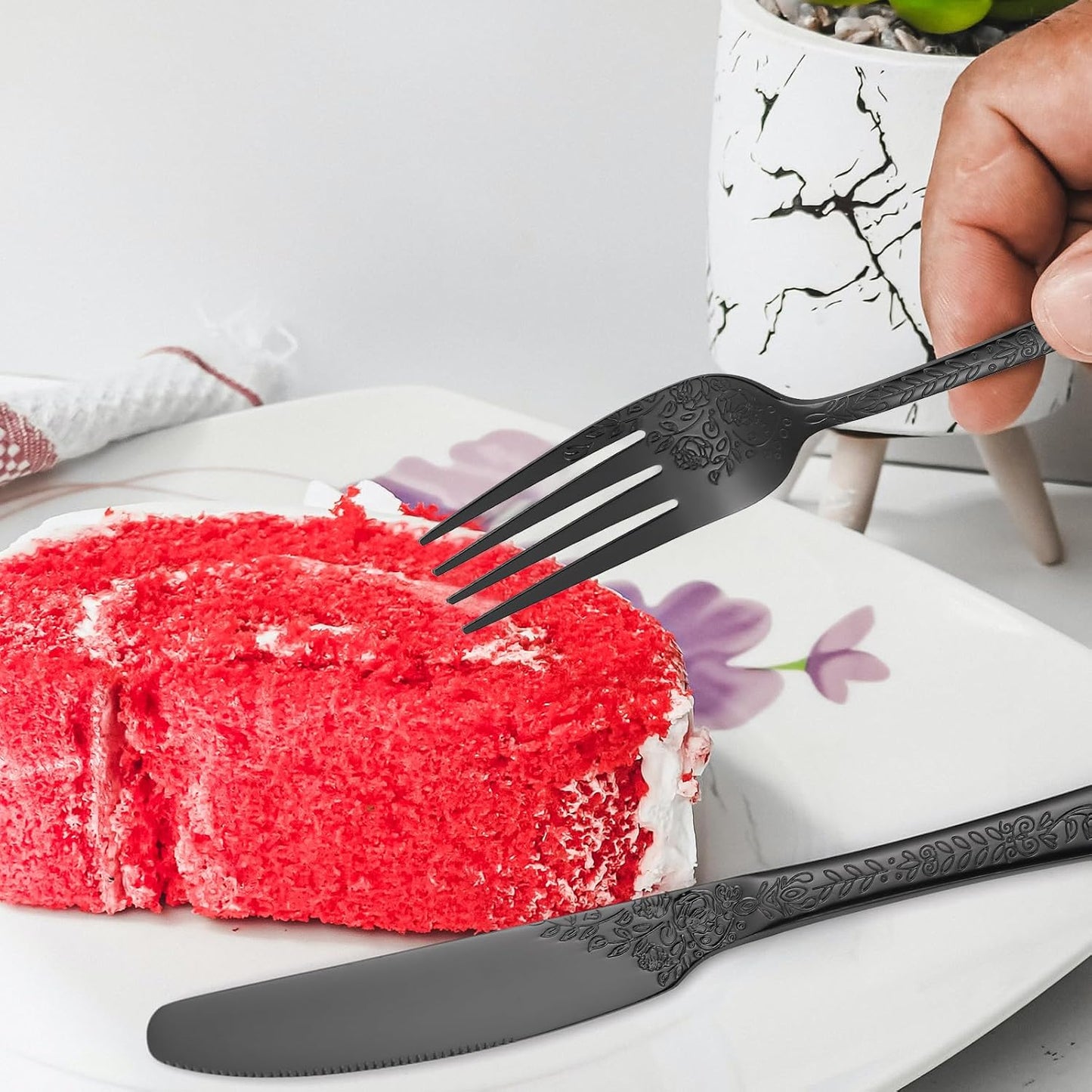 Floral Flatware Set Black for 6 Stainless Steel Silverware 30 Piece Cutlery Unique Eating Utensils Tableware Stylish Fork Spoon Knife With Embossing Rose Flower Handle Festival Parties