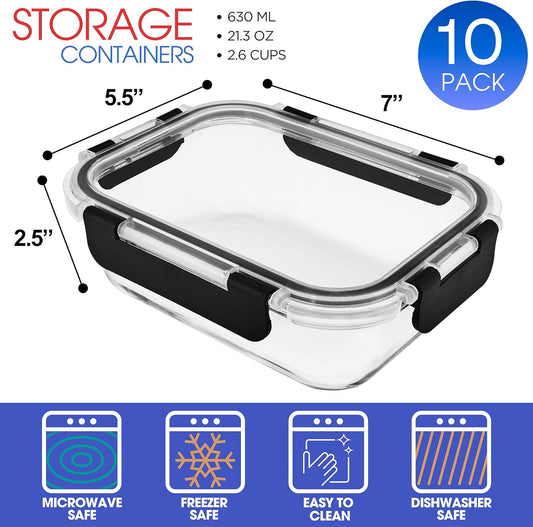 Sorbus 20pc Glass Meal Prep Containers Set – 10 Glass Food Storage Containers (21.3oz, 2.6 Cups) with Airtight Lids – Freezer, Dishwasher, and Oven Safe – Reusable Containers for Meal Prep and Storage