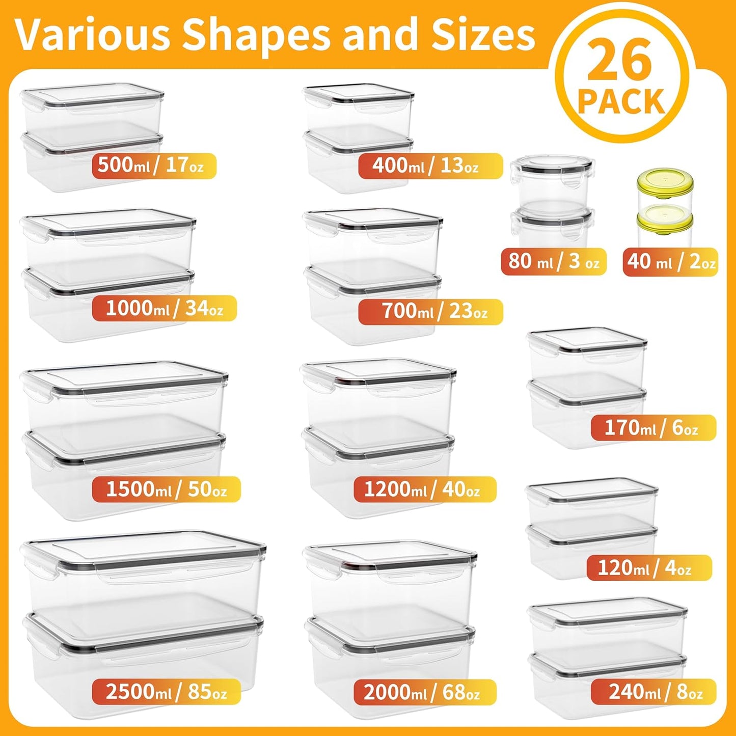 52 PCS Large Food Storage Containers with Lids Airtight, BPA-Free Leakproof Plastic Meal Prep Containers Reusable,Microwave & Dishwasher & Freezer Safe,Includes Labels & Pen