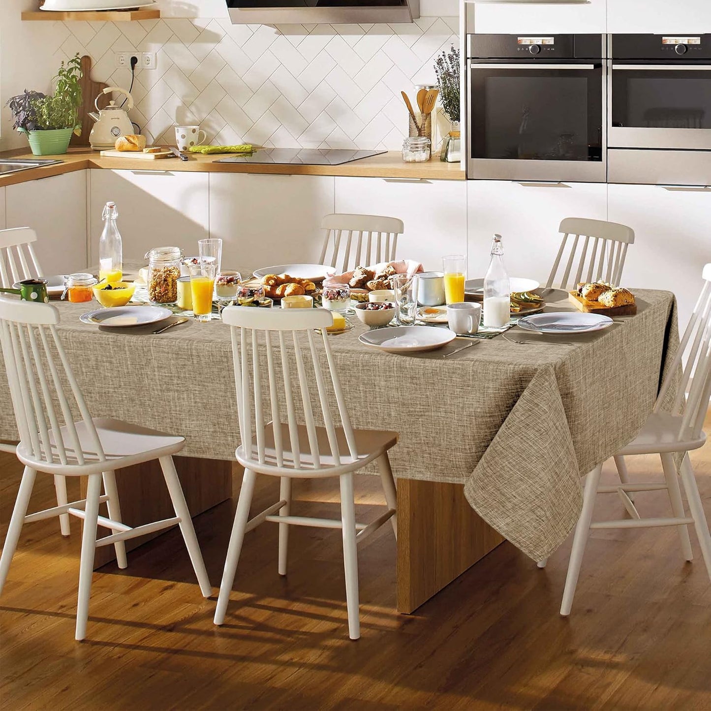 Fitable Faux Linen Rectangle Tablecloth 60 x 84 Inch - Fabric Neutral Table Cloth for 6 Foot Tables, Mocha Flax Look Kitchen Table Cover for Farmhouse, Dining, Party, Outdoor Picnic, Camping