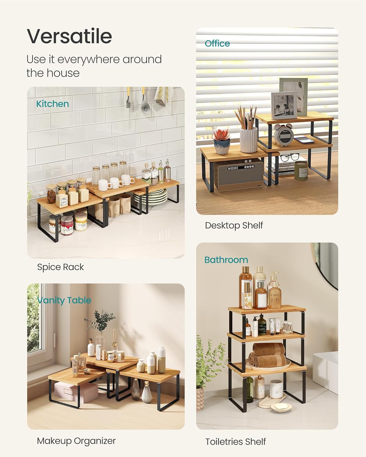 SONGMICS Cabinet Organizer Shelf, Set of 3 Kitchen Counter Shelves, Kitchen Storage, Spice Rack, Stackable, Expandable, Ink Black and Natural Beige UKCS014YL03