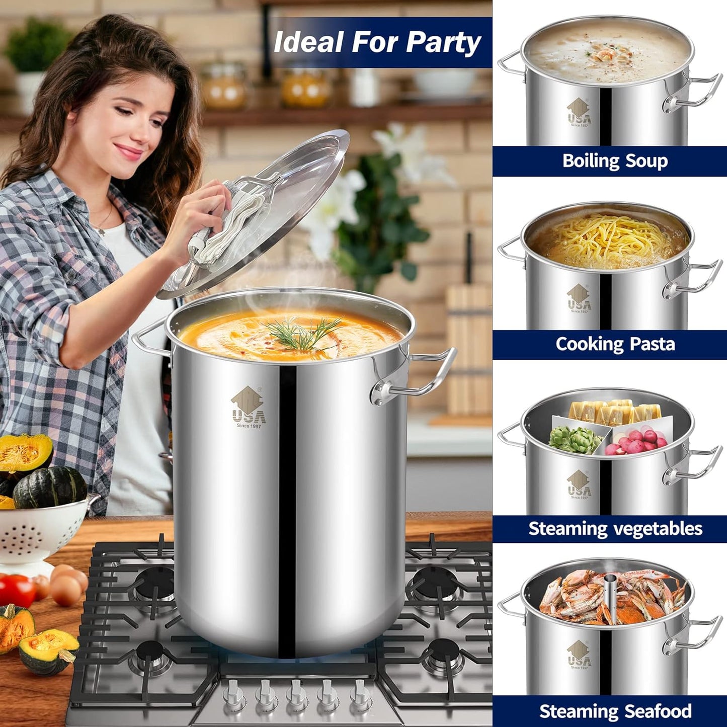 ARC 32QT Stainless Steel Stock pot 6-Piece For Seafood Boil Pot with Basket and Steamer Rack,Cookware for Crawfish Crab Shrimp Lobster Boiling Pot, Turkey Fryer Pot, Tamale Steamer Pot with Strainer