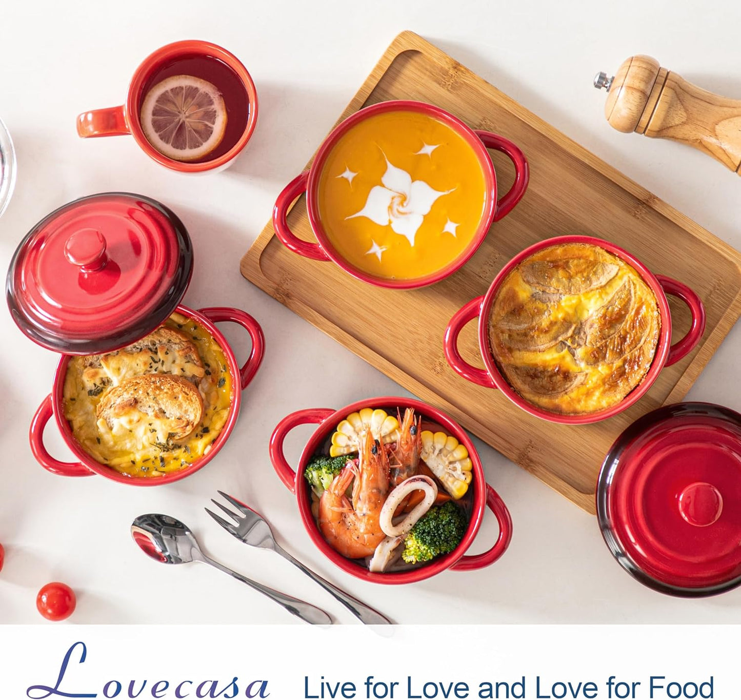 LOVECASA Mini Cocotte Set,12 OZ Small Casserole Dishes with Lids, Soup Bowls With Handles,Individual Baking Ramekins,Oven, Microwave & Dishwasher Safe,Set of 4,Red