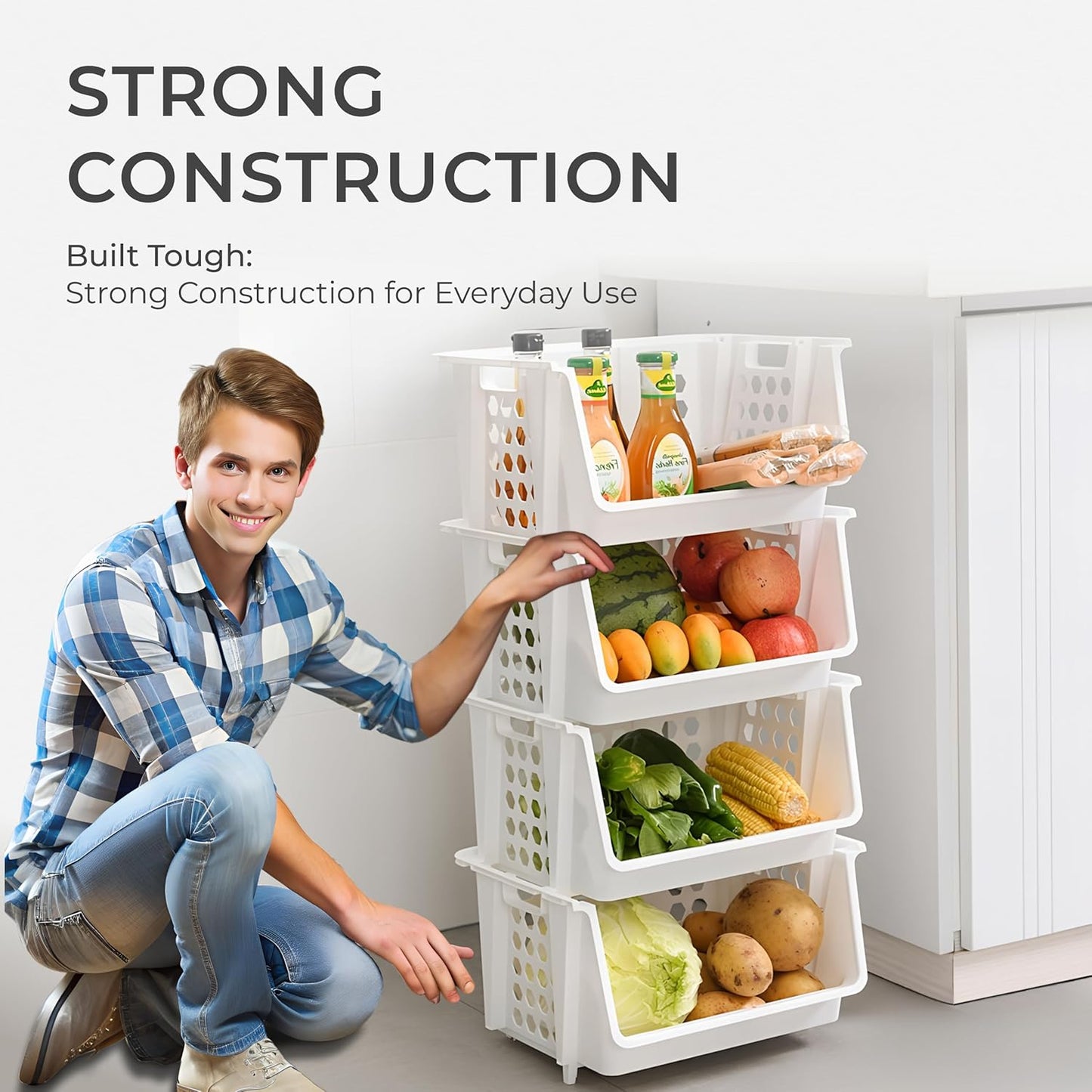 Skywin Plastic Stackable Storage Bins for Pantry - 4-Pack Medium Stackable Bins For Organizing Food, Kitchen, and Bathroom Essentials (White)