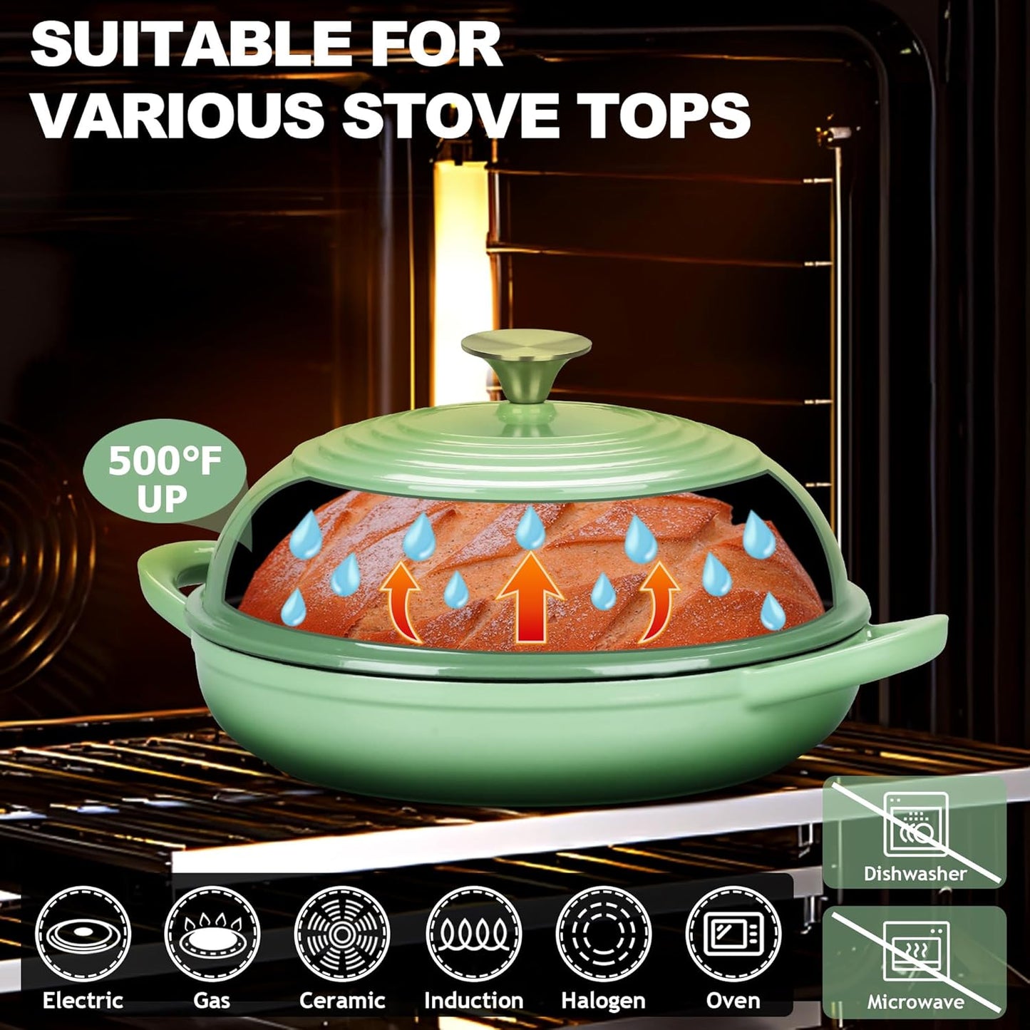 TeamFar Cast Iron Bread Dutch Oven, 6 Qt Enameled Dutch Oven Pot for Sourdough Bread Baking, with Tall Dome Lid & Round Base Pan, Self-Basting & Even-Heating, Heavy-Duty & Non-stick, Pistachio Green