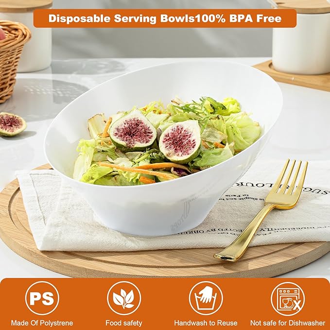 Goodluck 12 Pack White Plastic Serving Bowls for Party - 20 OZ Angled Disposable Serving Bowls for Wedding Party Chip, Candy, Salad & Fruit