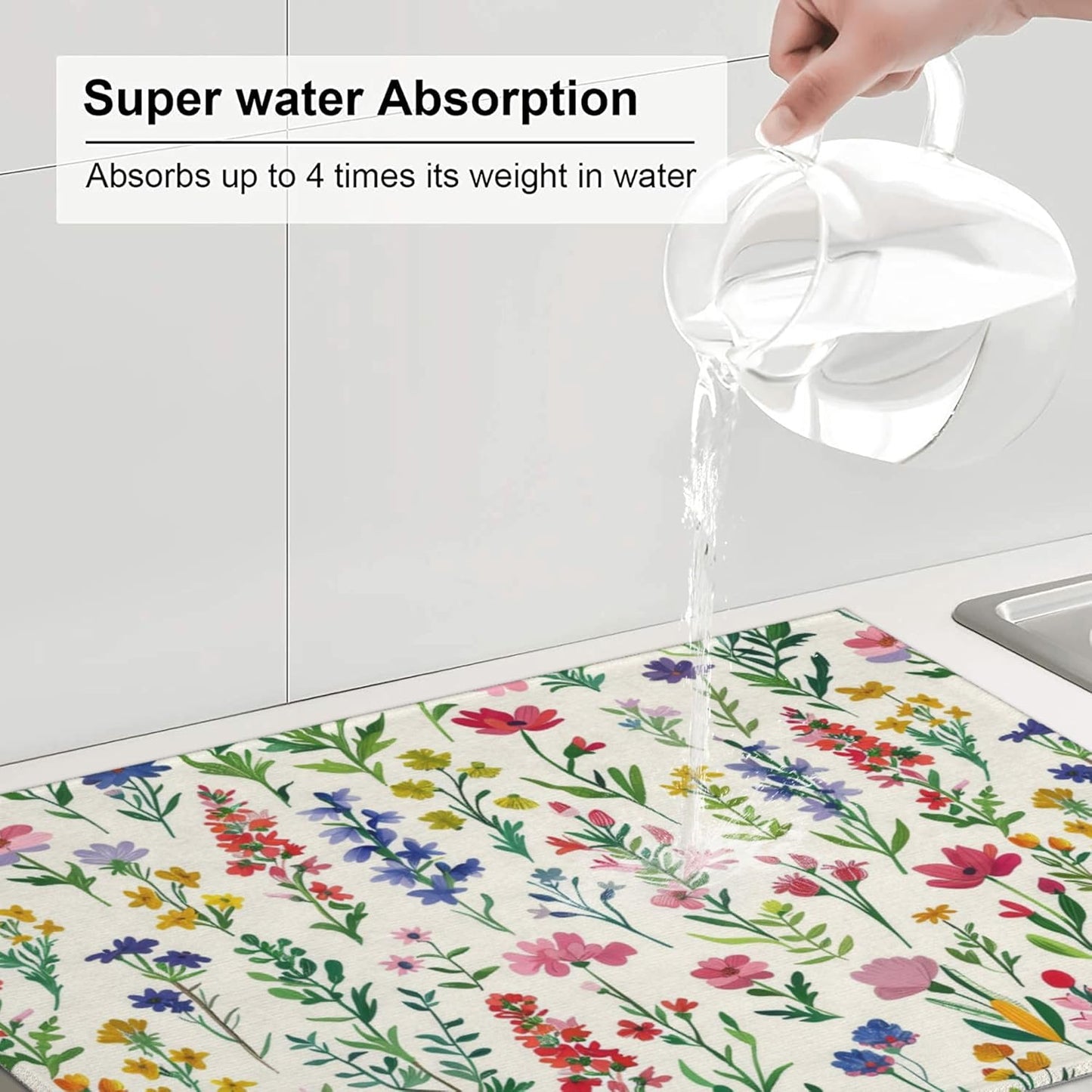 Watercolor Wildflower Dish Drying Mat for Kitchen Counter, 18"x24" Microfiber Absorbent Fast Dry Mat, 2Pcs Dish Mat Faucet Mats Sets, Large Drying Kitchen Mat Kitchen Drying Pad Coffee Bar Decor Gifts