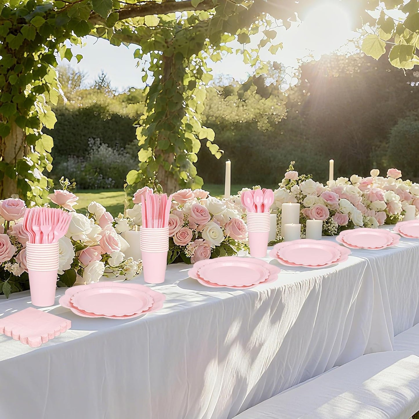 175 Pcs Light Pink Plates Cups and Napkins Set, Pink Scalloped Dessert Plates Party Supplies for 25 Guests Include Disposable Pink Party Plates Napkins Cup Cutlery for Baby Shower Wedding Birthday