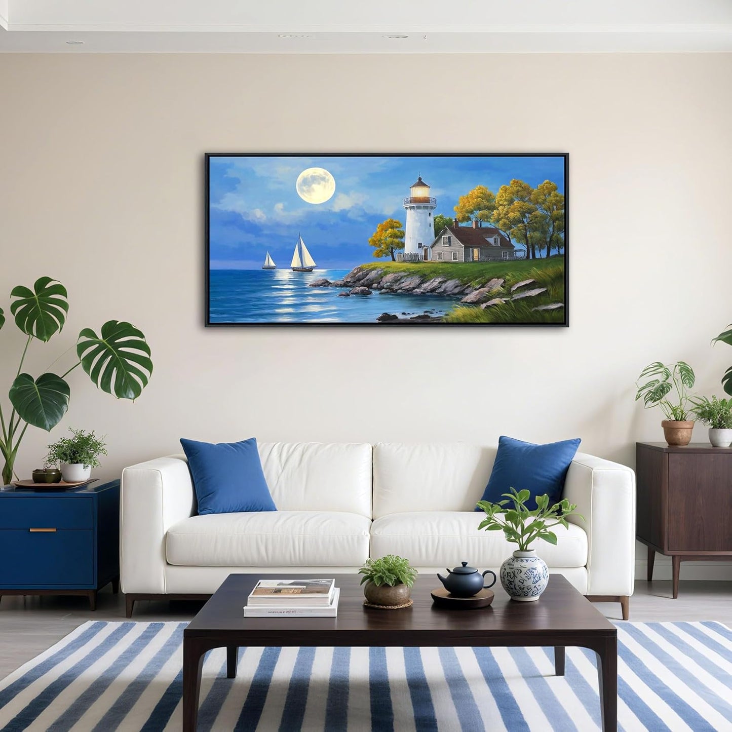 CHATYOUNG Large Coastal Wall Art - Blue Ocean Lighthouse Sailboat Tree Landscape Canvas Picture Nature Navigation Paintings Artwork for Living Room Bedroom Office Home Frame Decor 24"X48"