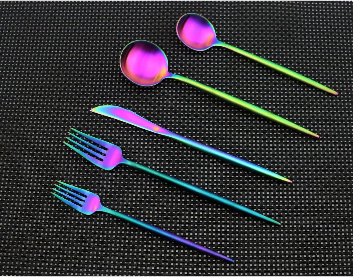 Iridescent Rainbow Multicolor Flatware 20 Pieces Tableware Set Cutlery Set Dinnerware Anti-rust Utensil Set,Salad Spoons Knives and Dessert Forks, Service for 4