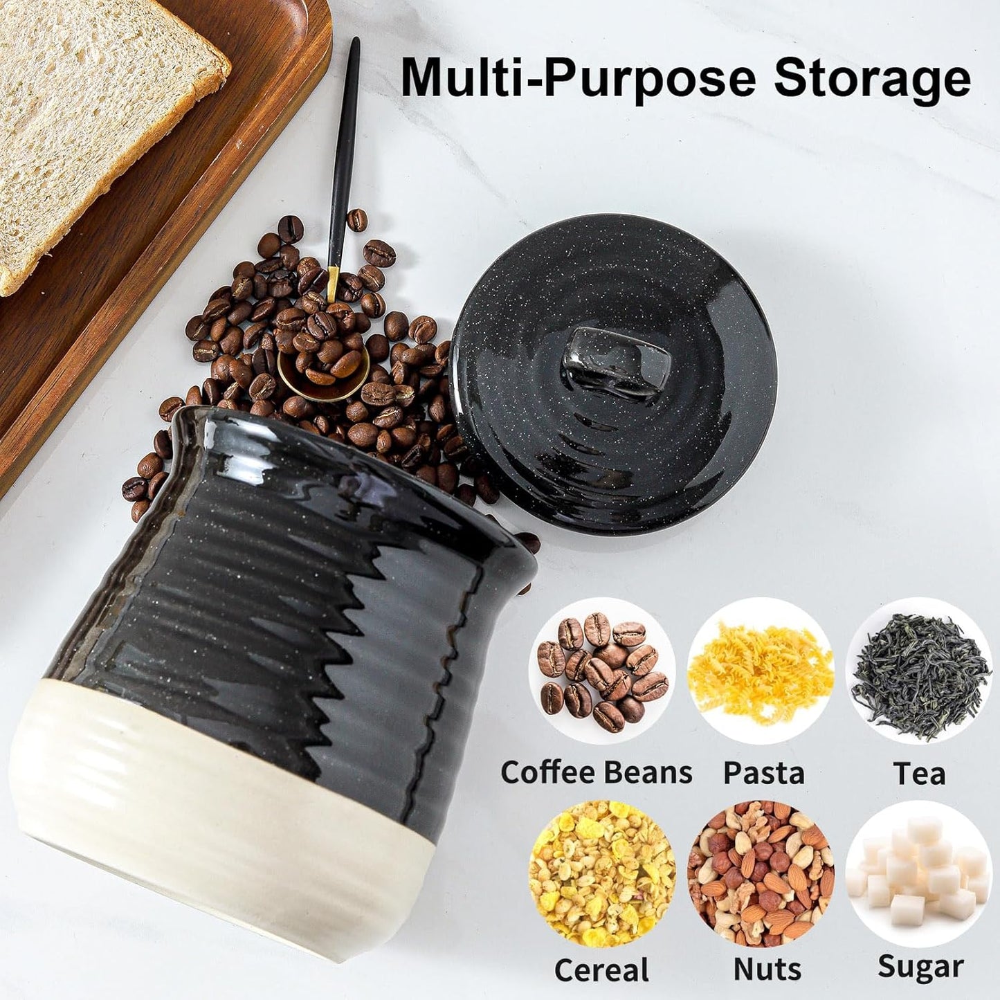 Ceramic Food Storage Jar,Coffee Canister for Countertop with Lids Airtight,Large Flour,Spices,Beans,Rice and Candies Containers for Kitchen and Home,Farmhouse Kitchen Decor,35 OZ Black