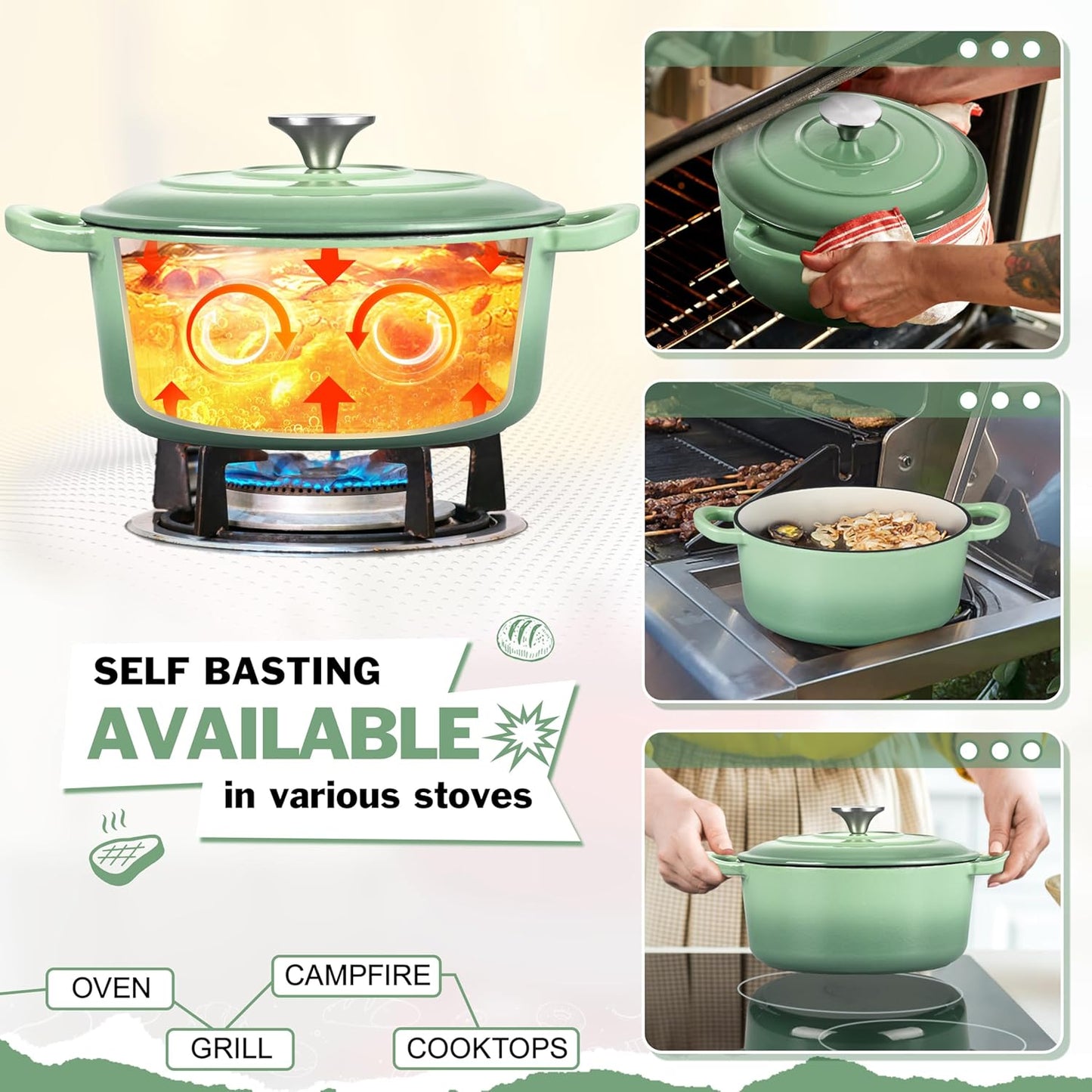 Small 3 Quart Dutch Oven, HaSteeL Round Cast Iron Cooking Pot with Lid, Nonstick Enameled Cookware for Sourdough Bread Baking Roasting Stewing Braising Frying, Heavy Duty & Oven Safe 500℉, Green